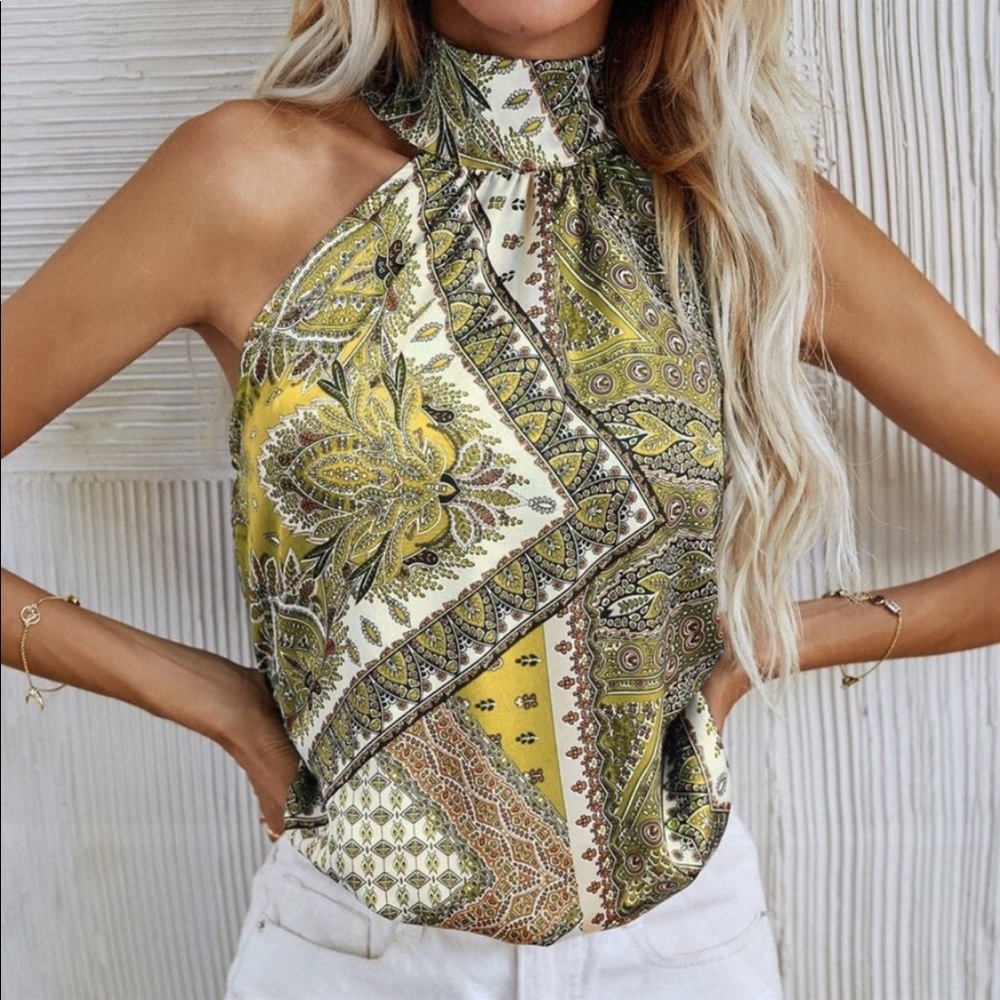 Boho Paisley Floral Print Satin Halter Tank Top Mint - Picture 5 of 14